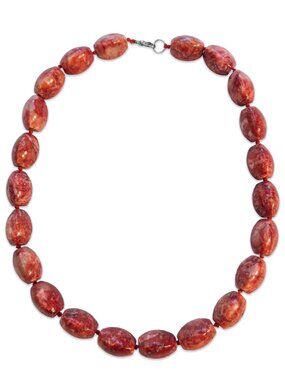 Rare Red Pink Cream Rhodonite Cut Bead Knotted Cord Necklace